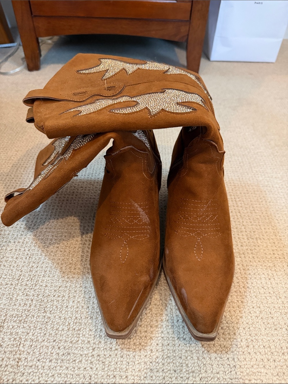 Wild Pair Women's Size 10 Brown Suede Cowboy Boots w/ Gold Crystals NIB